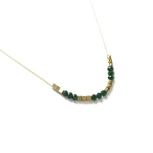 Gold square hematite beads spacers with faceted emerald green glass bead necklace