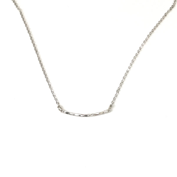 tiny silver plated curved hammered bar necklace
