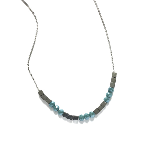 silver hematite blue glass bead necklace