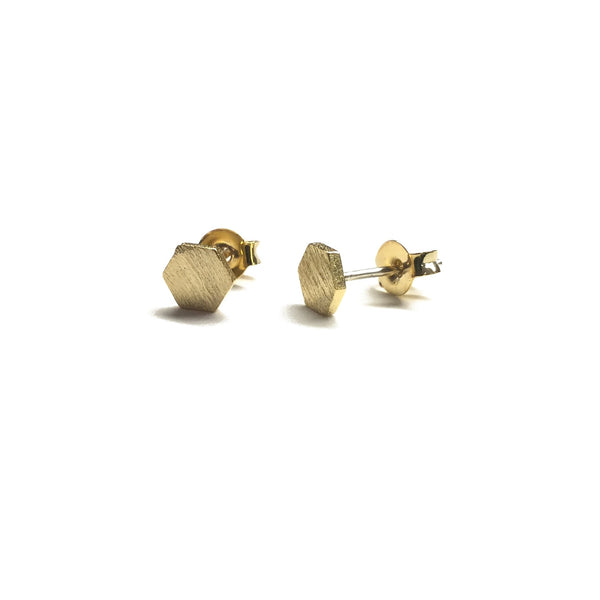 Small Gold plated matte over brass geometric hexagon stud earrings with sterling silver posts