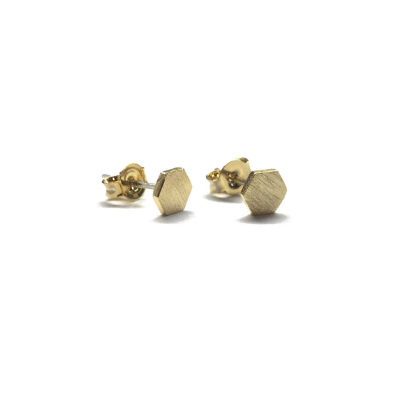 Small Gold plated matte over brass geometric hexagon stud earrings with sterling silver posts
