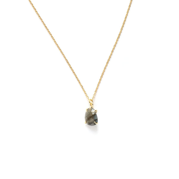 Teardrop labradorite semi precious stone in a gold plated prong setting necklace