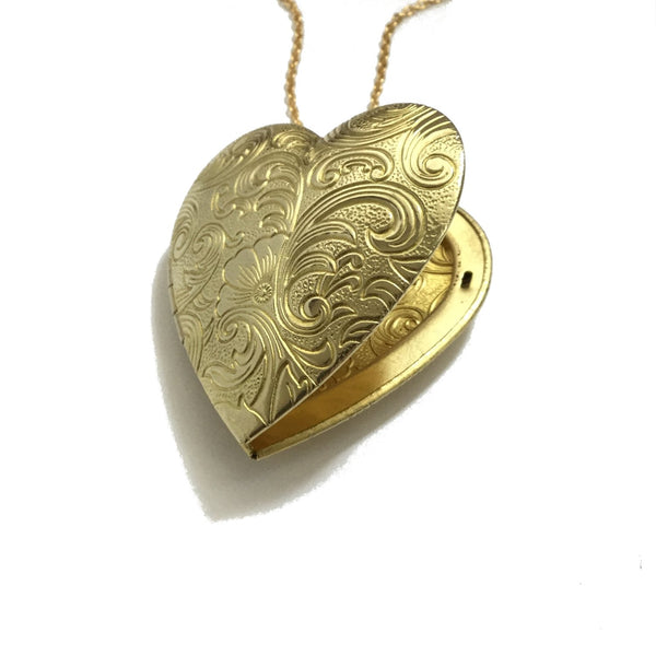 Large golden brass floral heart shaped locket necklace