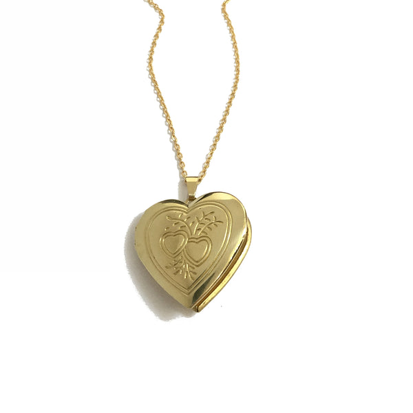 Gold plated heart locket with floral heart design necklace