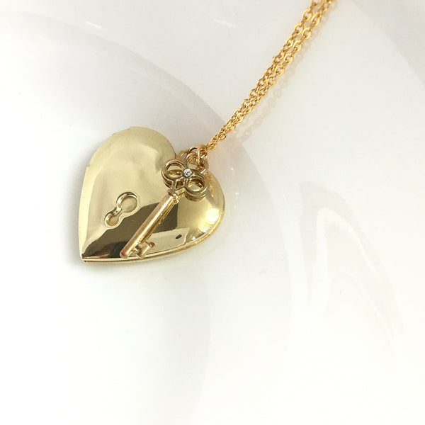 gold heart locket keyhole and key necklace
