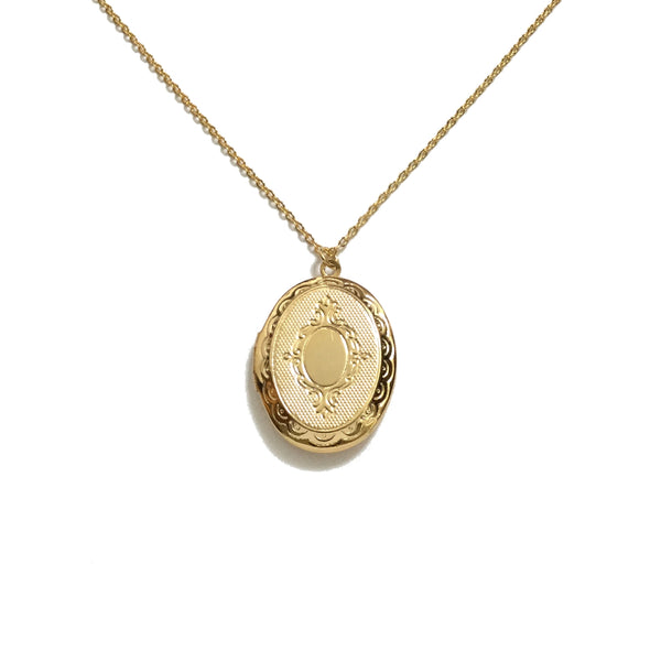 Gold plated oval floral design locket necklace