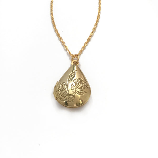 shiny gold brass teardrop floral locket