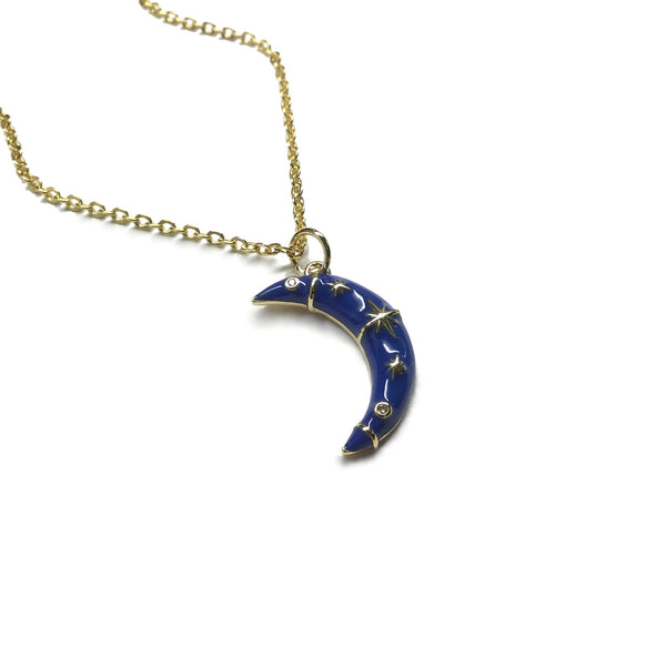 gold blue crescent moon stars cubic zirconia necklace