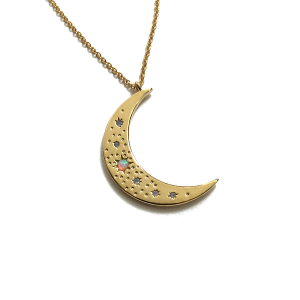 Gold crescent moon opal necklace
