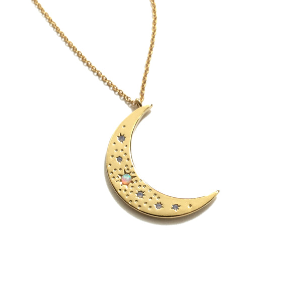 Gold plated opal crescent half moon necklace