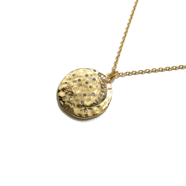 Gold plated crescent moon and cubic zirconia stars coin medallion necklace