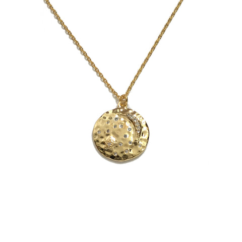 Gold plated crescent moon and cubic zirconia stars coin medallion necklace