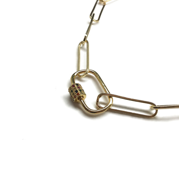 gold paperclip chain multicolour cubic zirconia carabiner lock necklace
