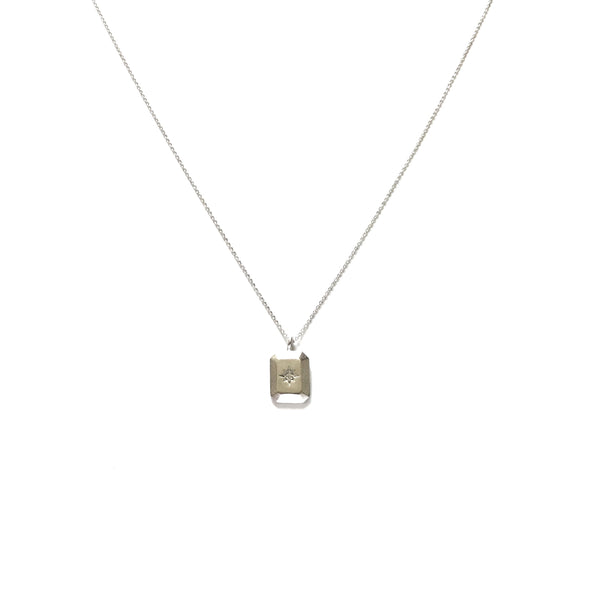 Silver plated rectangular north star with cubic zirconia pendant necklace