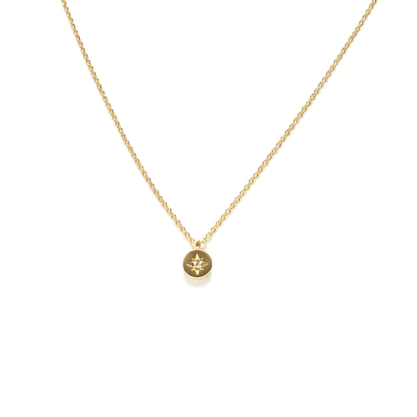 Tiny gold plated cubic zirconia star coin medallion necklace