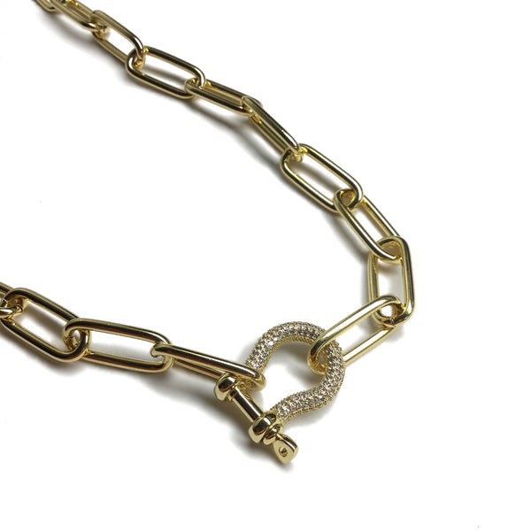 gold cubic zirconia lock paperclip chain