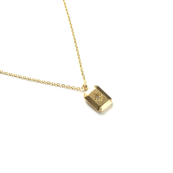 Gold plated matte faceted rectangle pendant with a tiny cubic zirconia star center necklace