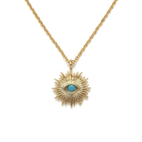 Gold plated evil eye with turquoise stone sunburst necklace