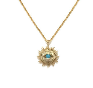 Evil eye gold plated sunburst with a tiny turquoise stone necklace