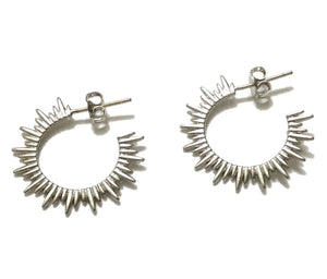 Silver rhodium plated matte sunburst hoop earrings with sterling silver posts