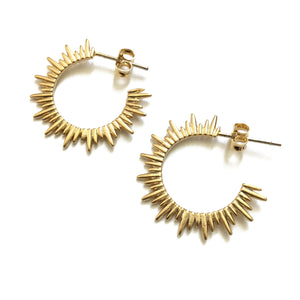 Gold plated matte sunburst hoop earring with sterling silver posts