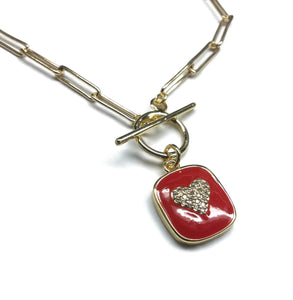 toggle clasp red heart cubic zirconia paperclip necklace