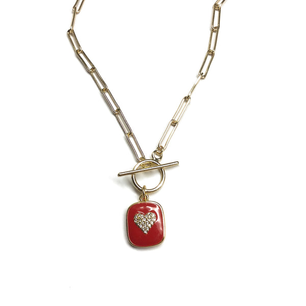 cubic zirconia heart pendant paperclip chain necklace
