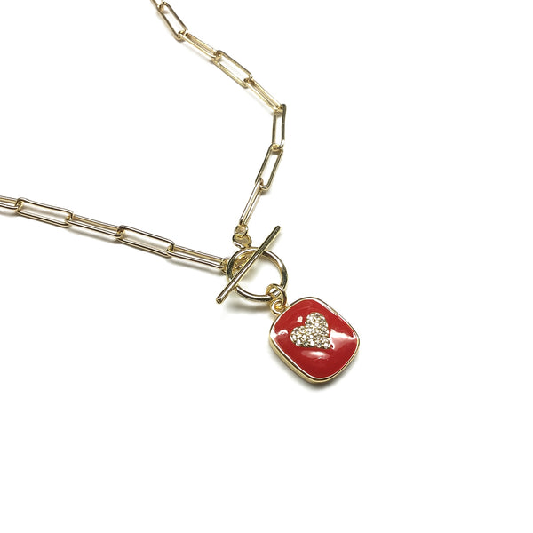 toggle clasp red heart cubic zirconia sparkly paperclip chain necklace
