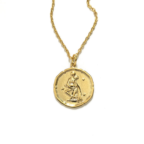Gold plated zodiac disc coin necklace